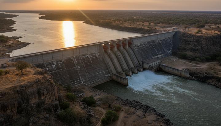 Гидроэнергетика Африки: Британия поддержит строительство мега-ГЭС в Мозамбике Масштабная плотина гидроэлектростанции на полноводной реке Замбези в Мозамбике в лучах заходящего солнца.