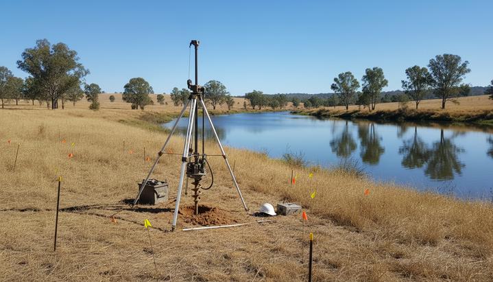 Берег ручья Барамба в Австралии с оборудованием для геотехнических изысканий, установленным на фоне сельской местности.