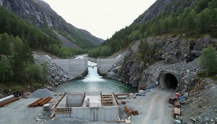 Строительная площадка гидроэлектростанции в горной долине Норвегии: бетонная плотина на реке и строящееся здание ГЭС.