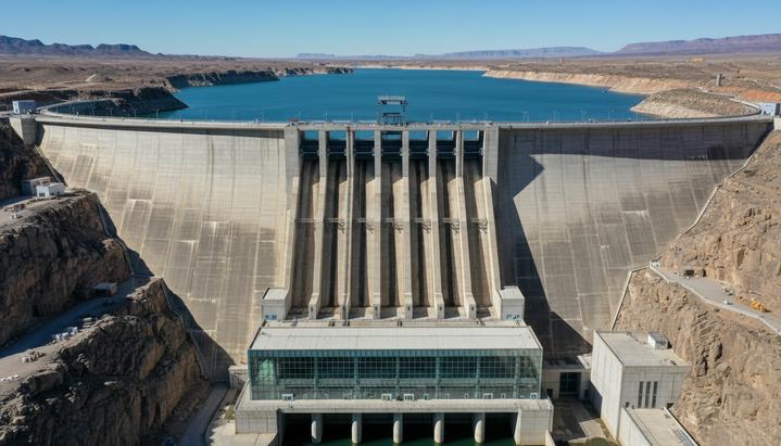 Инвестиции в гидроэнергетику: отрасль восстанавливается после спада Крупная плотина современной гидроэлектростанции в горном ущелье, вид на водохранилище и машинный зал ГЭС.