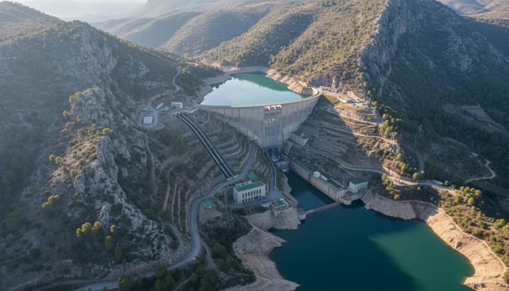 Вид с воздуха на гидроаккумулирующую электростанцию в горах Испании. Верхний и нижний резервуары, соединенные водоводами, и здание ГАЭС.