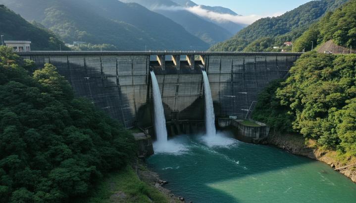 Плотина ГЭС «Маань» на реке Дацзя в Тайване. Бетонное сооружение в окружении зеленой речной долины и гор.