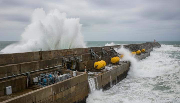 Бетонный волнолом в океане с установленными на нем поплавками волновой электростанции, о который разбиваются мощные волны.