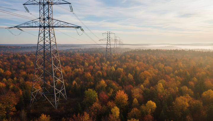Высоковольтная линия электропередачи, проходящая через густой осенний лес в штате Мэн, США.
