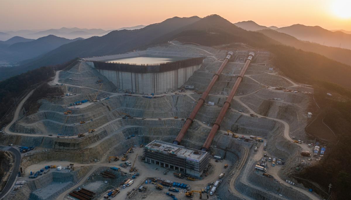 Строительство гидроаккумулирующей электростанции в горной местности Южной Кореи. Вид на верхний и нижний резервуары.