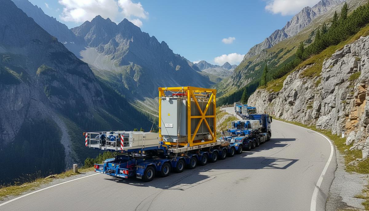 Огромный трансформатор на многоосном транспортере движется по узкой горной дороге в Альпах к месту строительства ГАЭС.