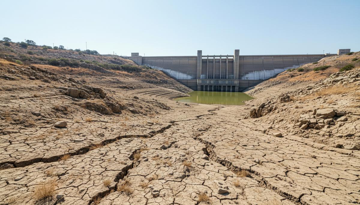 Объединение против засухи: новый подход к страхованию в гидроэнергетике Бетонная плотина гидроэлектростанции на фоне высохшего водохранилища с потрескавшейся землей из-за сильной засухи.