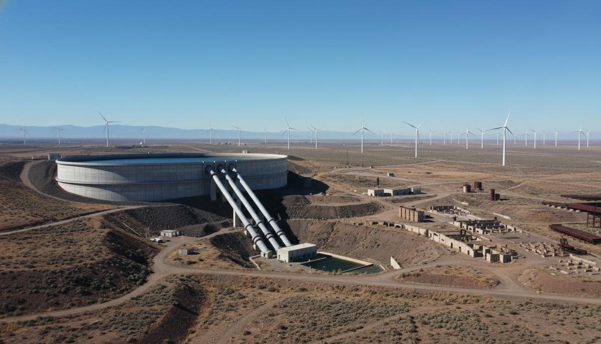 Два резервуара гидроаккумулирующей электростанции на склоне холма рядом с заброшенной промышленной зоной и полем ветряных турбин.