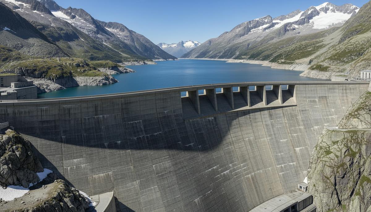 Массивная бетонная плотина гидроэлектростанции «Гранд-Диксенс» в окружении скалистых гор Швейцарских Альп.