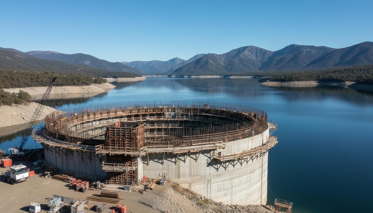 Австралийский проект «Сноуи 2.0»: завершен важный этап строительства Массивная бетонная конструкция водозабора ГАЭС на берегу водохранилища Тантангара на фоне Снежных гор в Австралии.