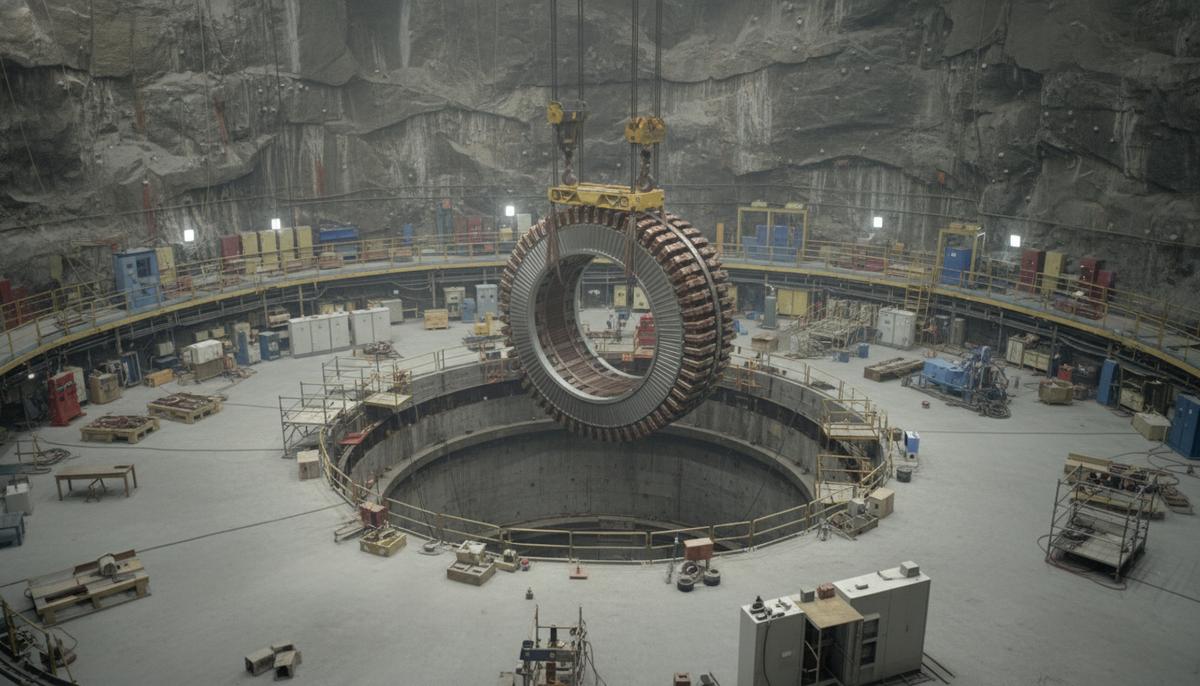 Модернизация ГЭС «Бромма»: новый этап для энергетики Франции Новый статор генератора весом 260 тонн в машинном зале подземной гидроэлектростанции «Бромма» во Франции.