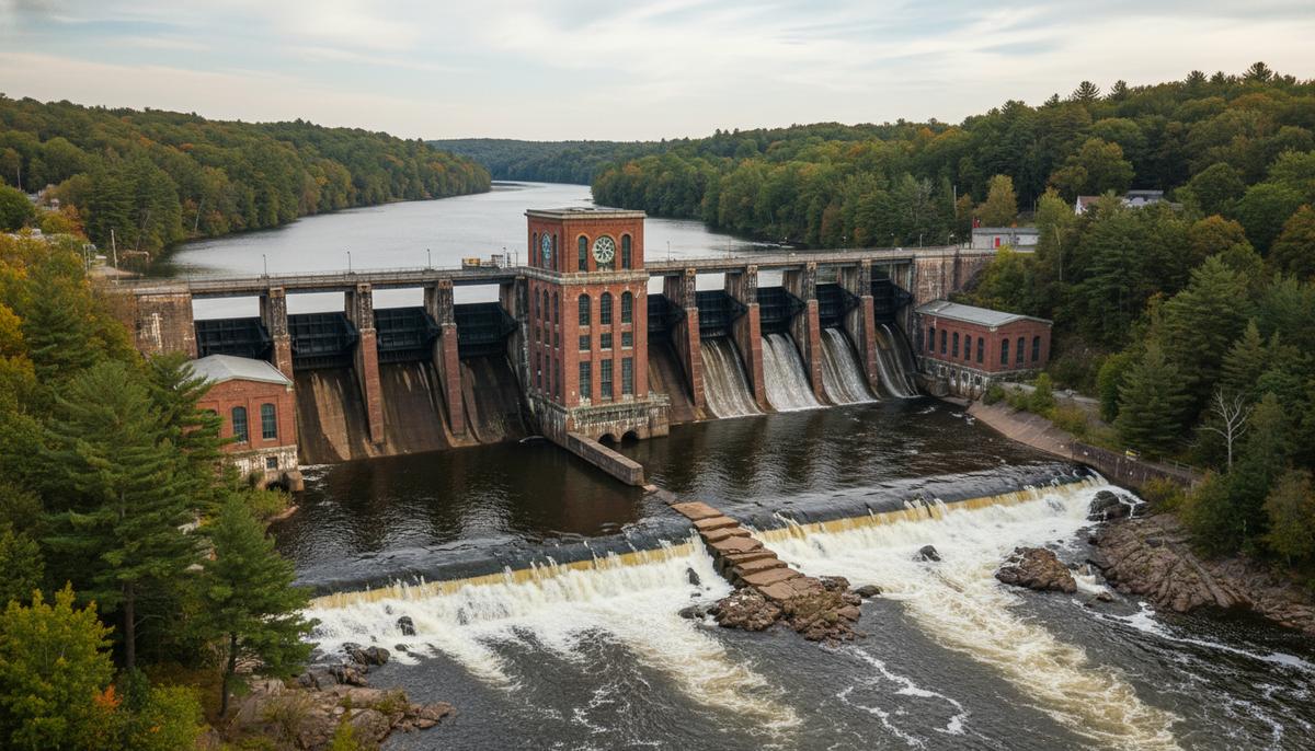 Две старейшие ГЭС Массачусетса обеспечат энергией 21 город до 2040 года Историческая плотина ГЭС «Кабот» на реке Коннектикут в Массачусетсе, вид на кирпичное здание станции и водосброс.