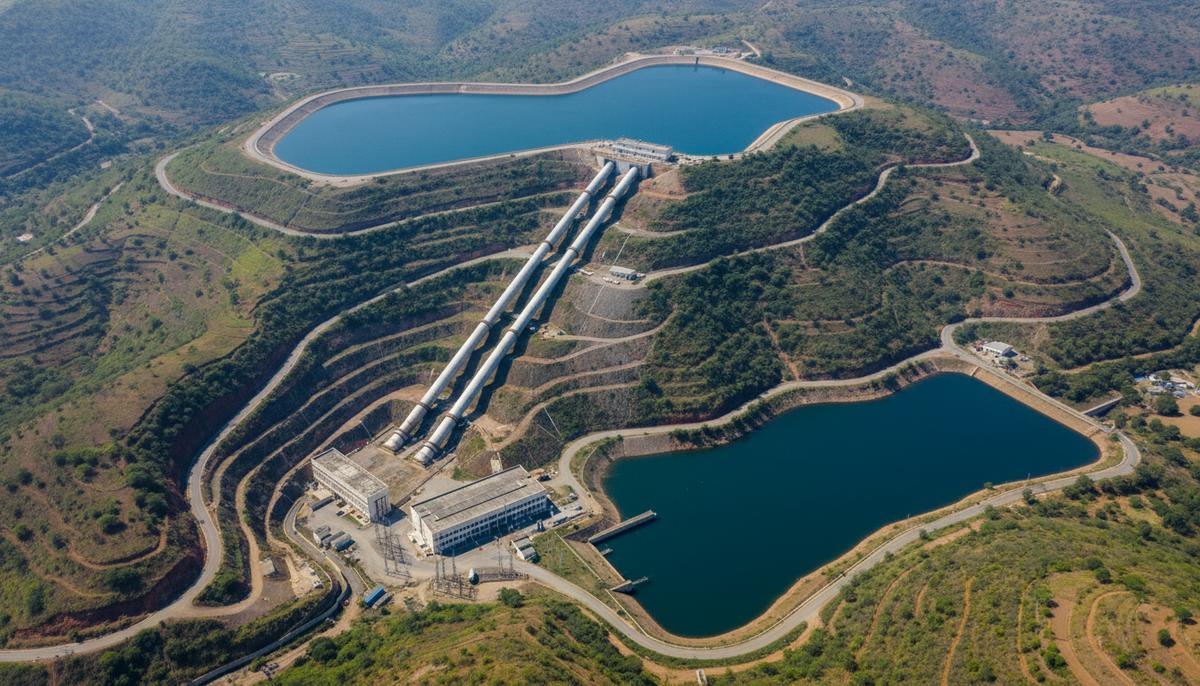 Индия наращивает гидроаккумулирующие мощности: цель – 100 ГВт к 2036 году Гидроаккумулирующая электростанция в холмистой местности Индии. Видны верхний и нижний резервуары, соединенные трубами.