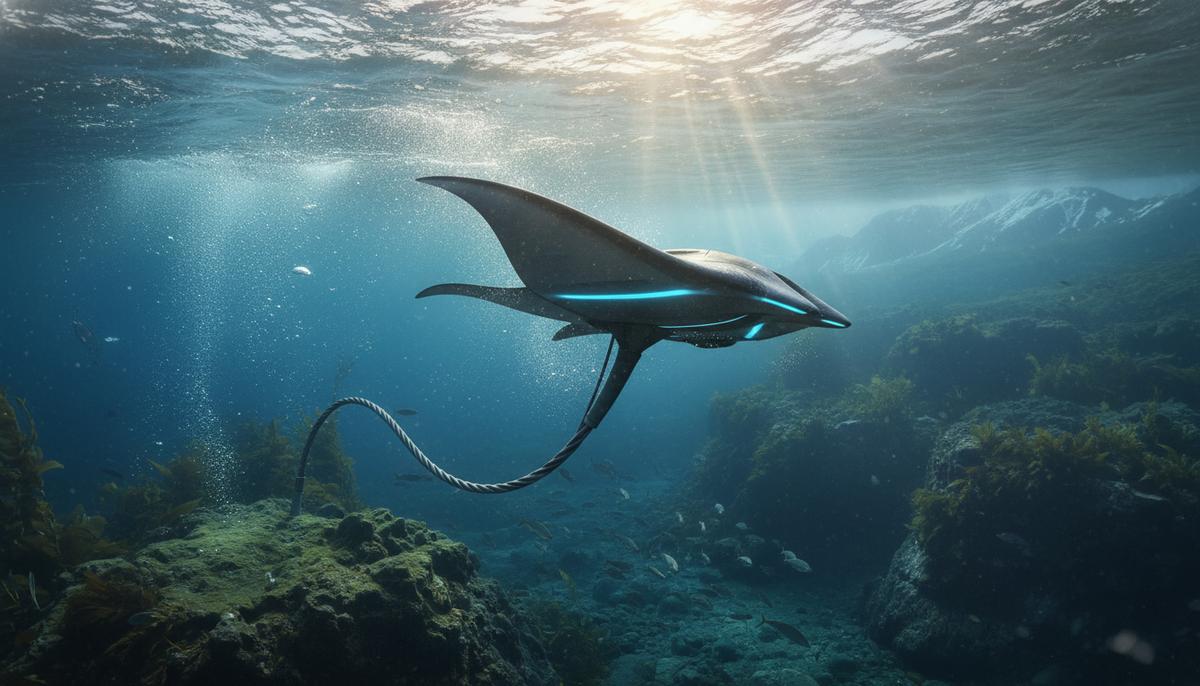 Подводный приливной генератор в форме крыла, закрепленный на морском дне у скалистого побережья Исландии.