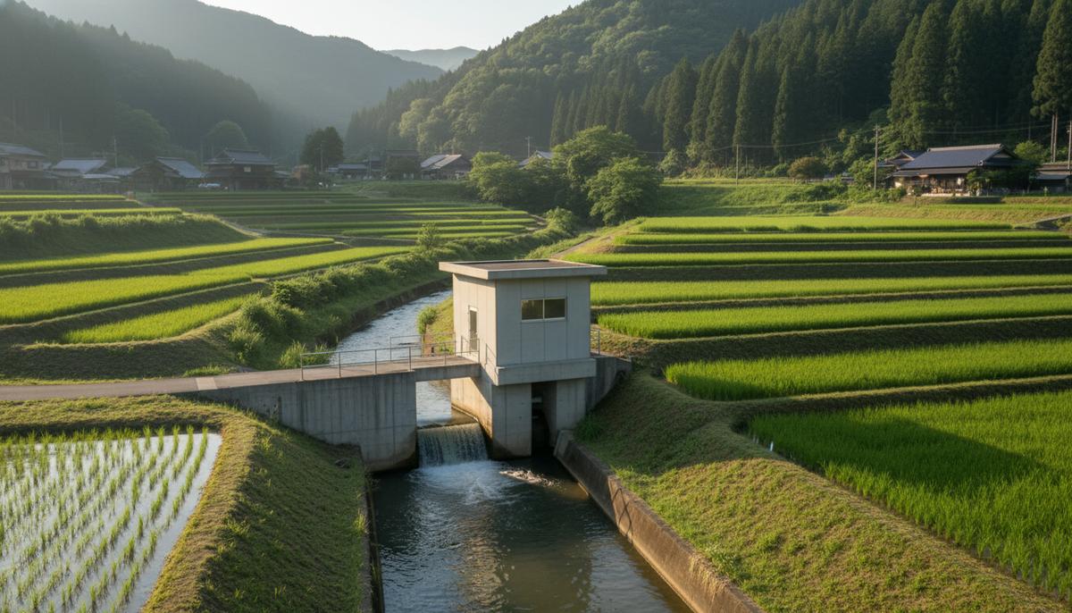 Небольшая гидроэлектростанция на ирригационном канале среди зеленых рисовых полей в горной местности Японии.