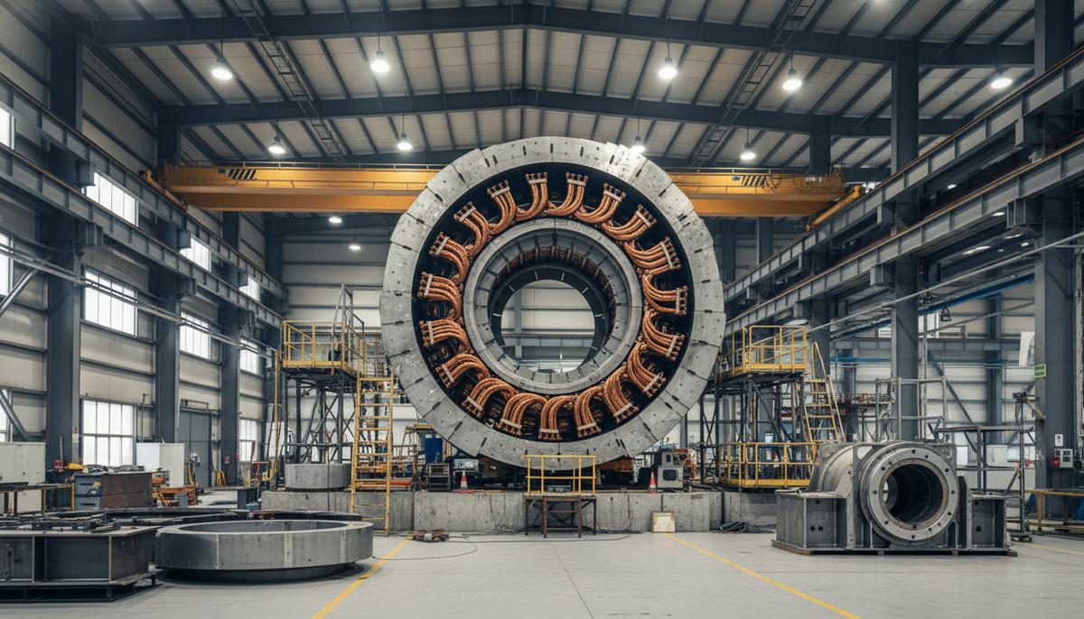 ANDRITZ инвестирует в будущее энергетики: расширение заводов в Австрии Огромный статор турбогенератора с медными обмотками в процессе сборки в современном и светлом производственном цехе завода.