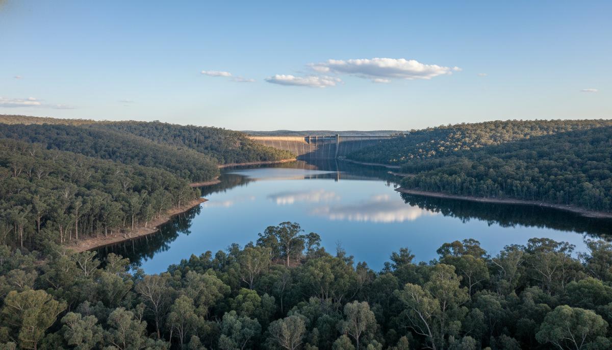 Огромное озеро в Австралии, окруженное эвкалиптовым лесом. На заднем плане видна бетонная плотина гидроэлектростанции.