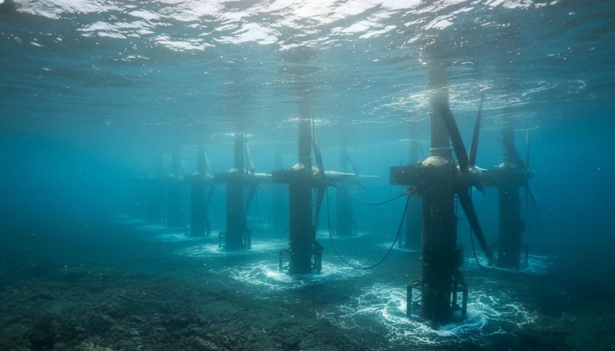 Ряд подводных турбин приливной электростанции в бурных морских водах у побережья Уэльса, сквозь воду пробиваются лучи солнца.