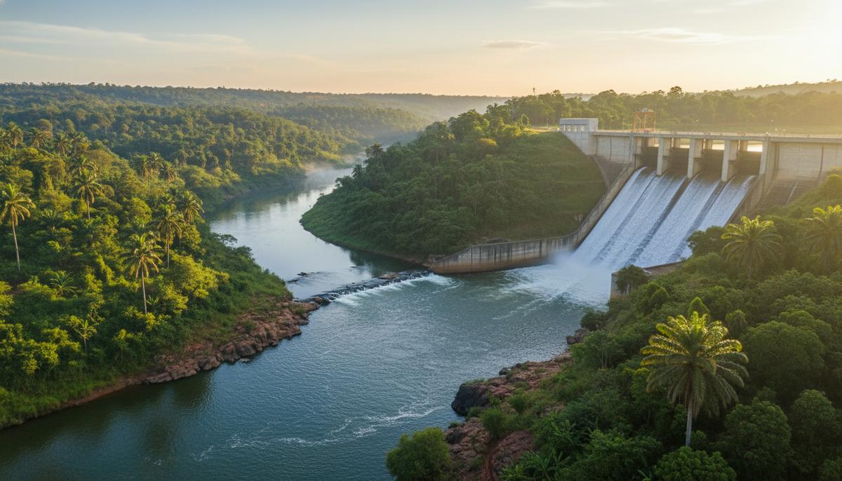 Современная плотина гидроэлектростанции в зеленой долине на севере Замбии. Вода сбрасывается в реку у подножия сооружения.