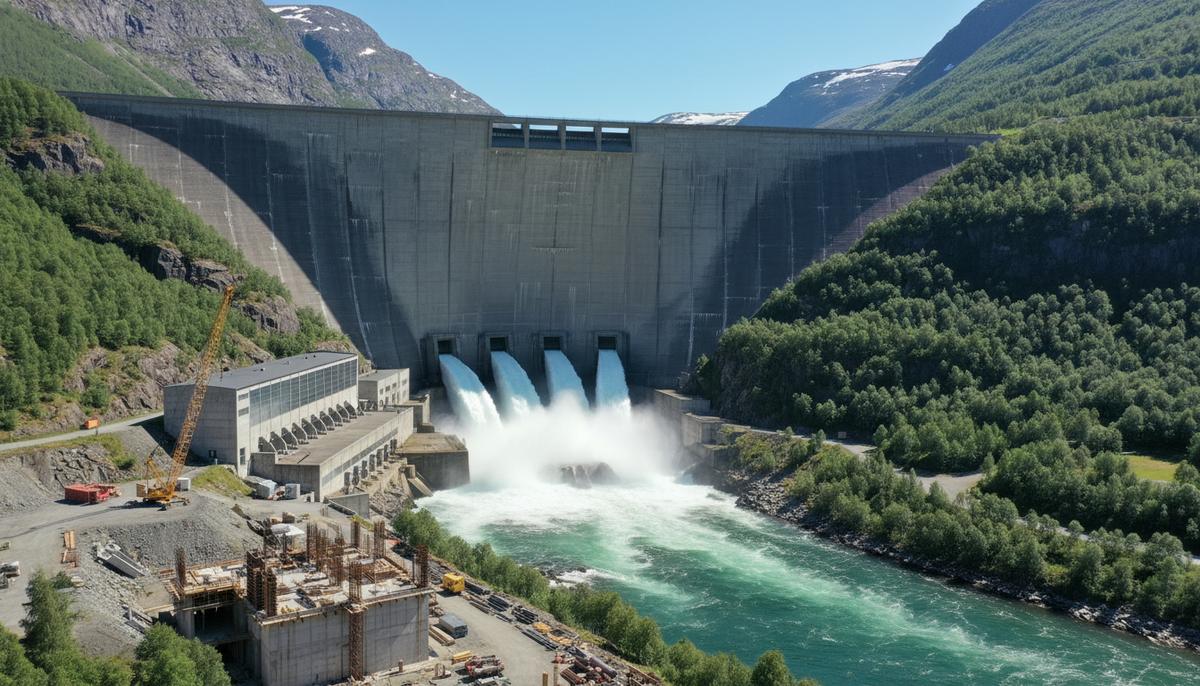Крупная плотина гидроэлектростанции в горной долине Норвегии. Вода сбрасывается из водосброса в реку у подножия ГЭС.