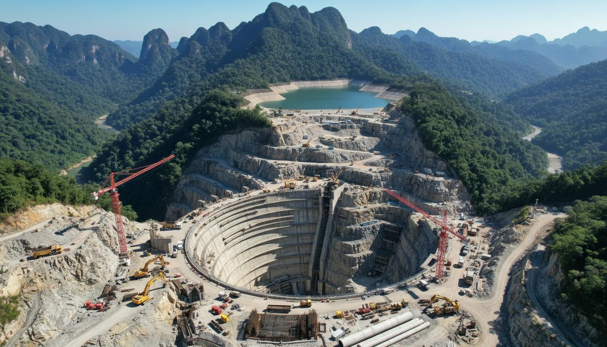 Филиппины: сделка на $1,34 млрд для создания 2 ГВт гидроаккумулирующих мощностей Строительство плотины гидроаккумулирующей электростанции в горной местности. Вид на водохранилище и строительную технику.