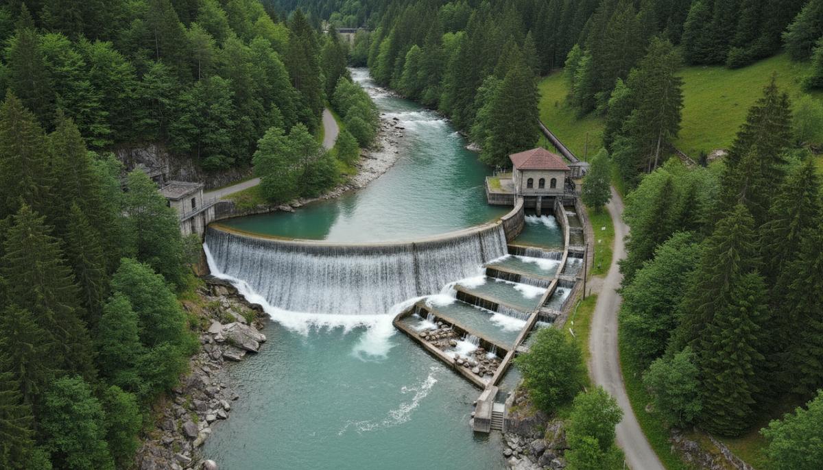 Аэрофотосъемка плотины ГЭС на реке в зеленой долине. Рядом с водосливом находится специальный канал для прохода рыбы.
