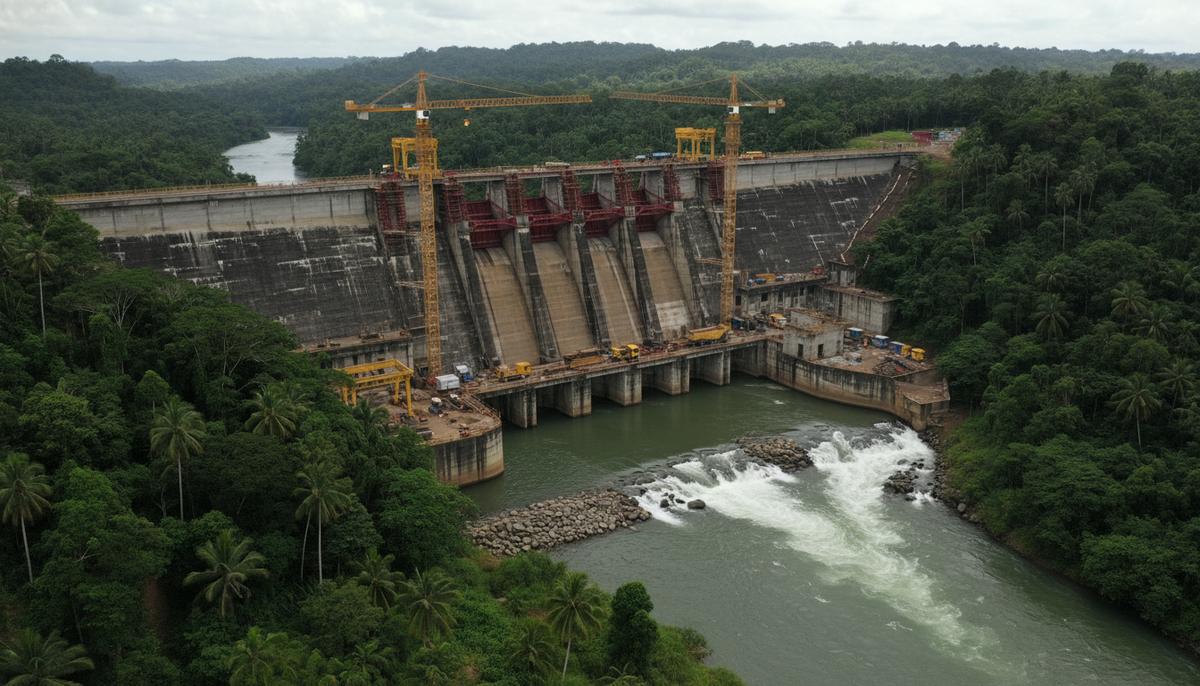 АБР: ГЭС «Тина Ривер» изменит энергетику Соломоновых островов Строительная площадка гидроэлектростанции на реке в тропическом лесу. Вид на возводимую бетонную плотину и строительную технику.
