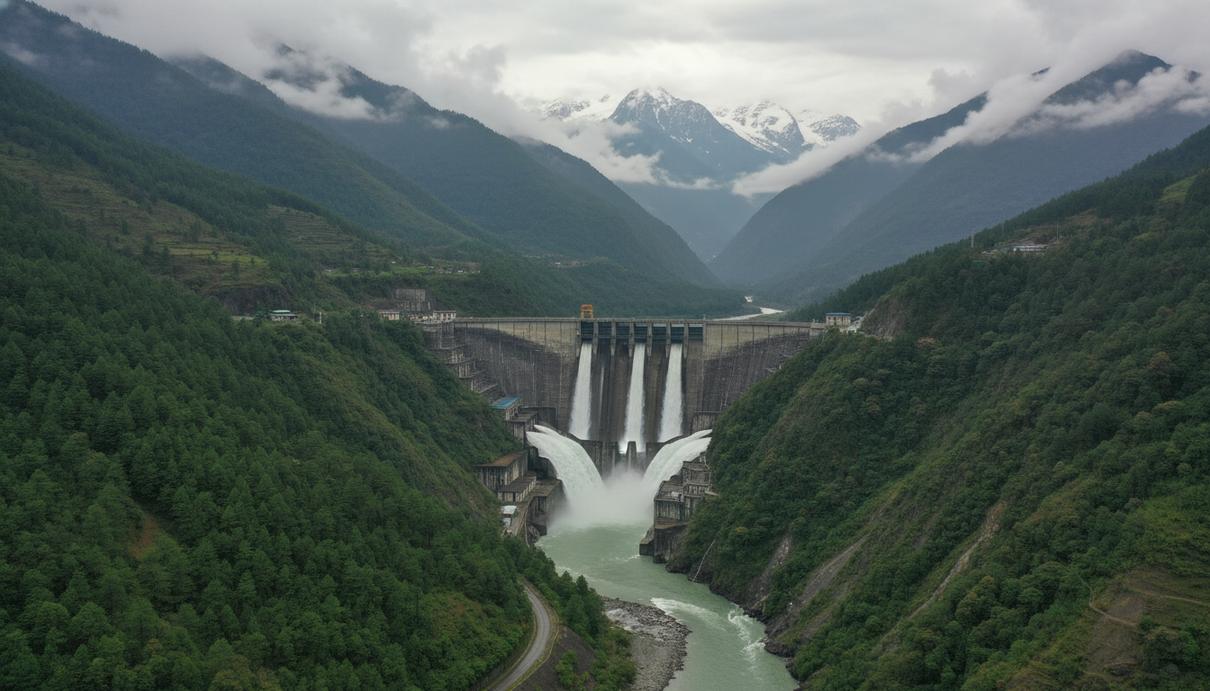 Массивная бетонная плотина гидроэлектростанции в Бутане, расположенная в глубоком ущелье среди зеленых гималайских гор.