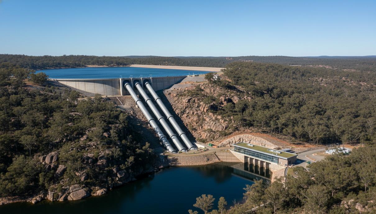 Гидроаккумулирующая электростанция в горах Австралии с верхним и нижним водохранилищами, соединенными трубопроводами.
