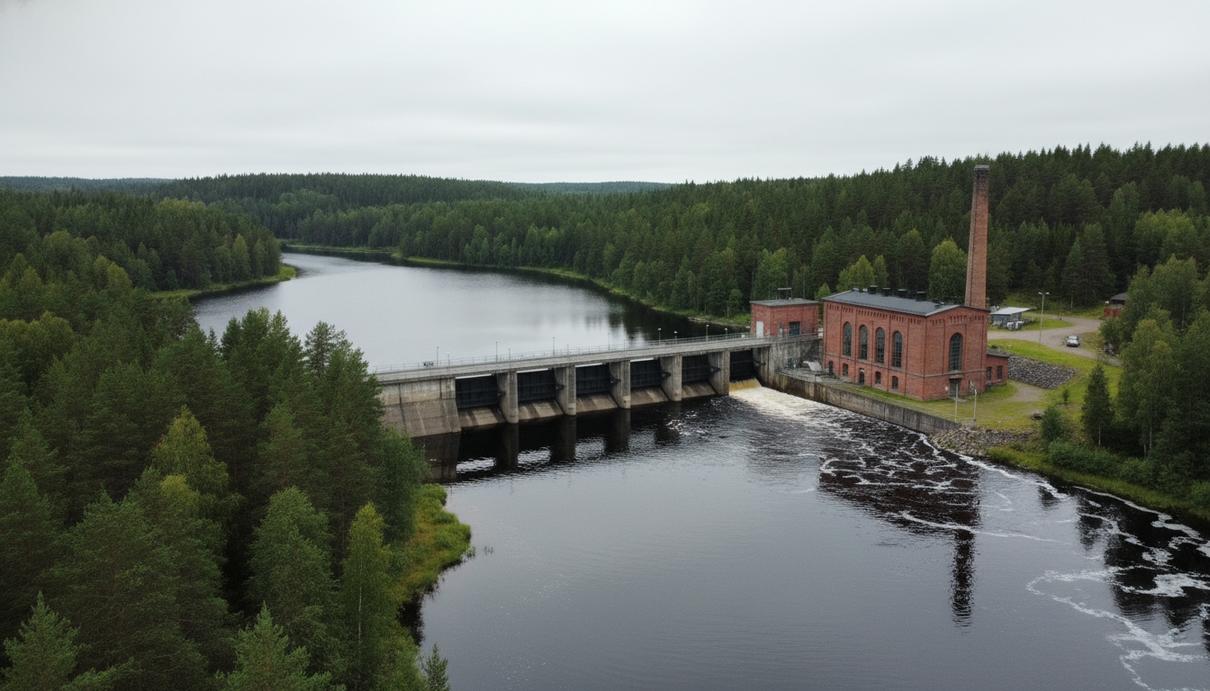 Здание гидроэлектростанции и бетонная плотина на реке в Финляндии, окруженные густым хвойным лесом.
