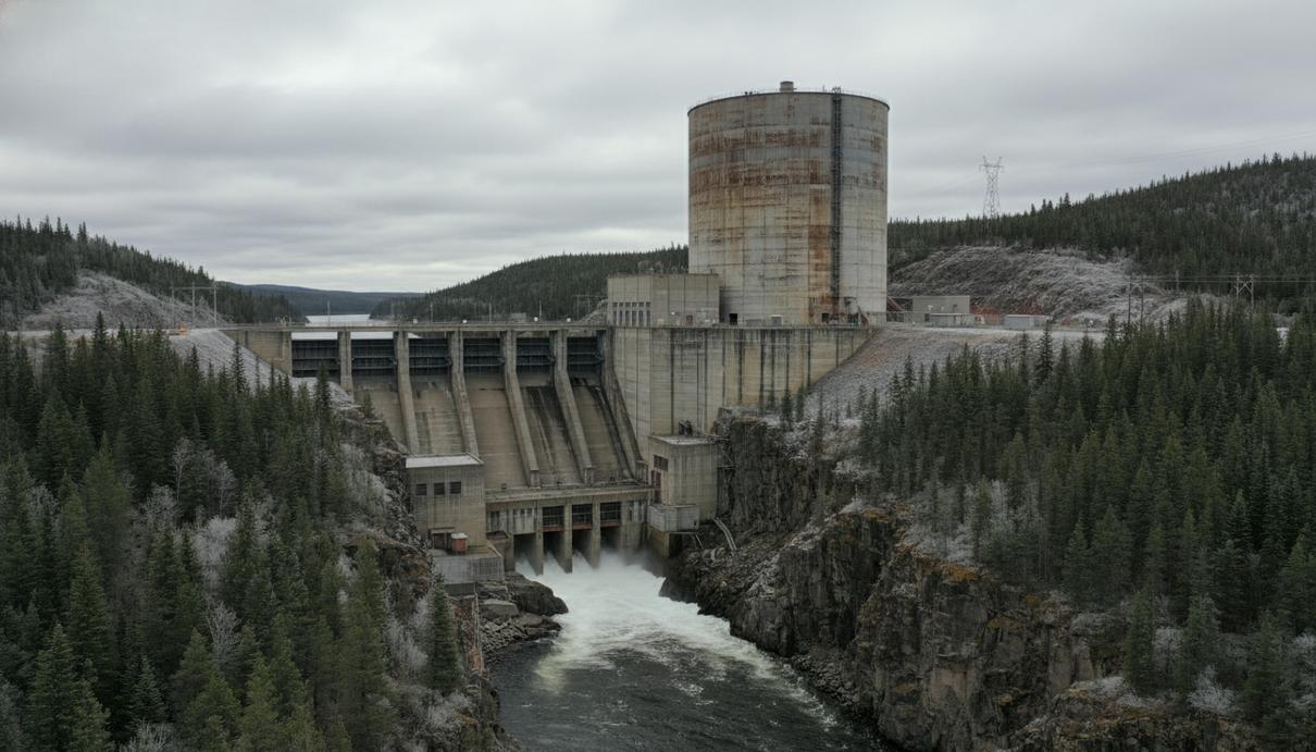 Бетонная плотина гидроэлектростанции и крупный промышленный резервуар на реке в окружении хвойного леса.