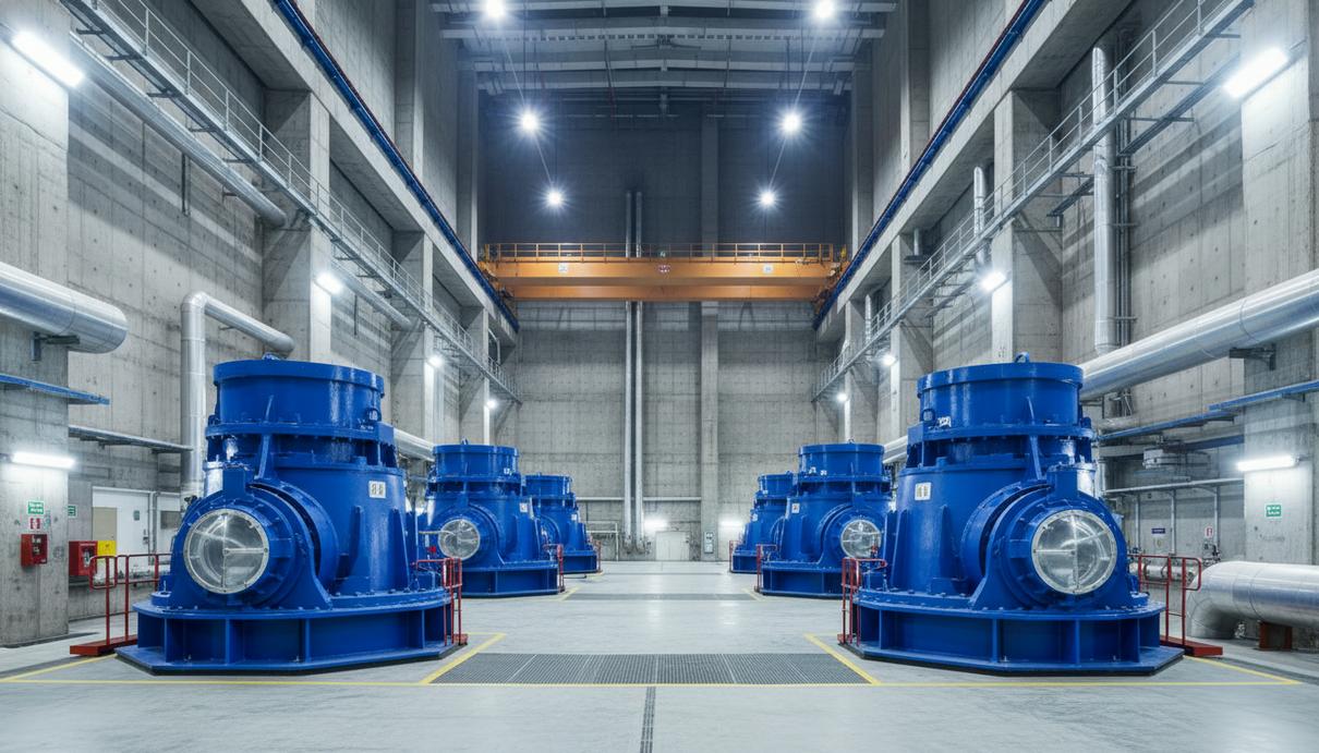 Просторный машинный зал гидроэлектростанции с четырьмя массивными турбинами, стальными трубами и бетонными стенами.