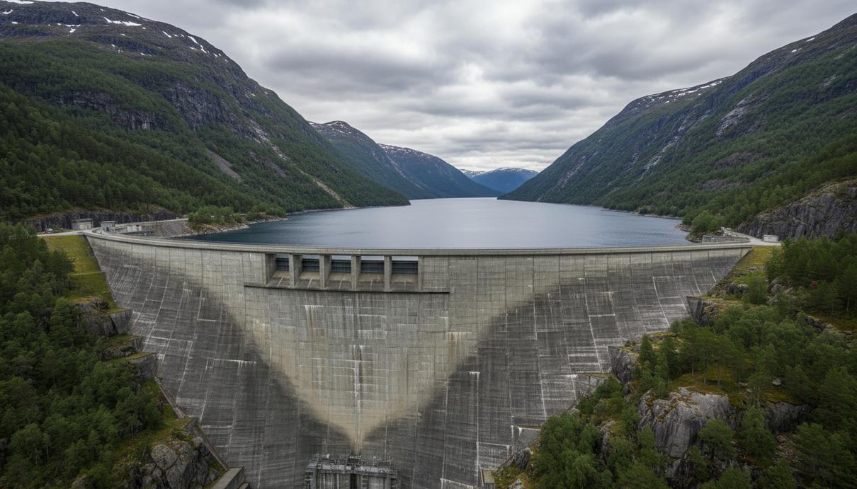 Бетонная плотина гидроэлектростанции с масштабным водохранилищем на фоне крутых скал и густого хвойного леса.
