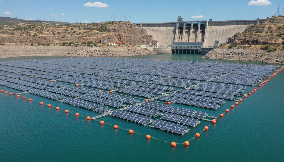 Плавучие солнечные панели и натяжные швартовочные буи на водной поверхности резервуара гидроэлектростанции.
