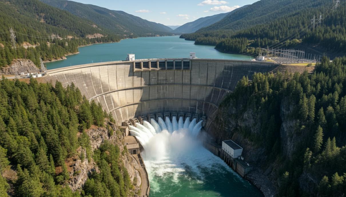 Бетонная плотина гидроэлектростанции в горном ущелье с потоками воды на водосбросе на фоне зеленых склонов.
