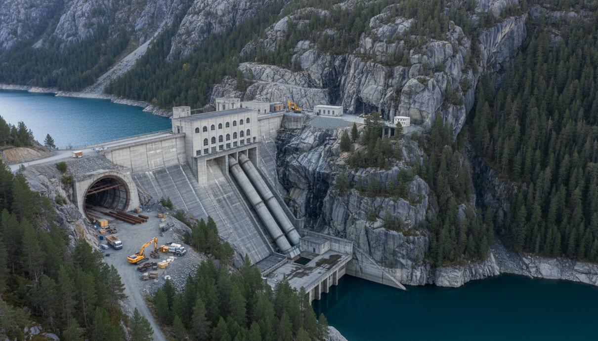 Бетонные сооружения гидроэлектростанции и глубокое водохранилище, расположенные в ущелье между скалистыми горами.