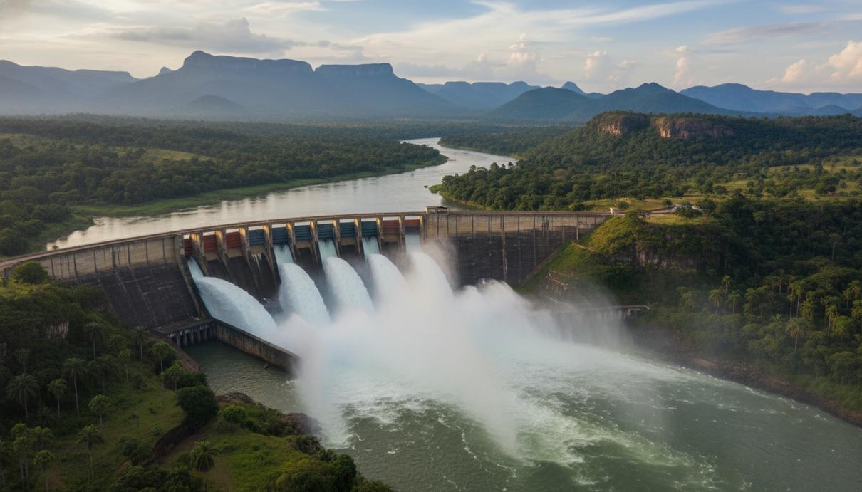 Бетонная плотина с открытыми водосбросами. Потоки воды устремляются в широкую реку, окруженную зелеными холмами.