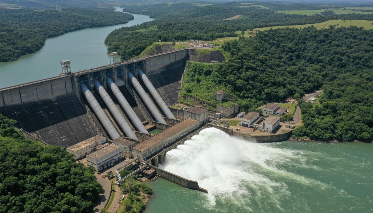 Массивная бетонная плотина гидроэлектростанции на широкой реке в окружении тропического пейзажа.