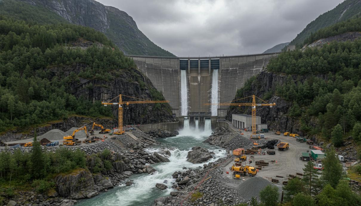 Бетонная плотина гидроэлектростанции в глубоком ущелье среди скалистых гор, покрытых лесом, и бурная река у основания.