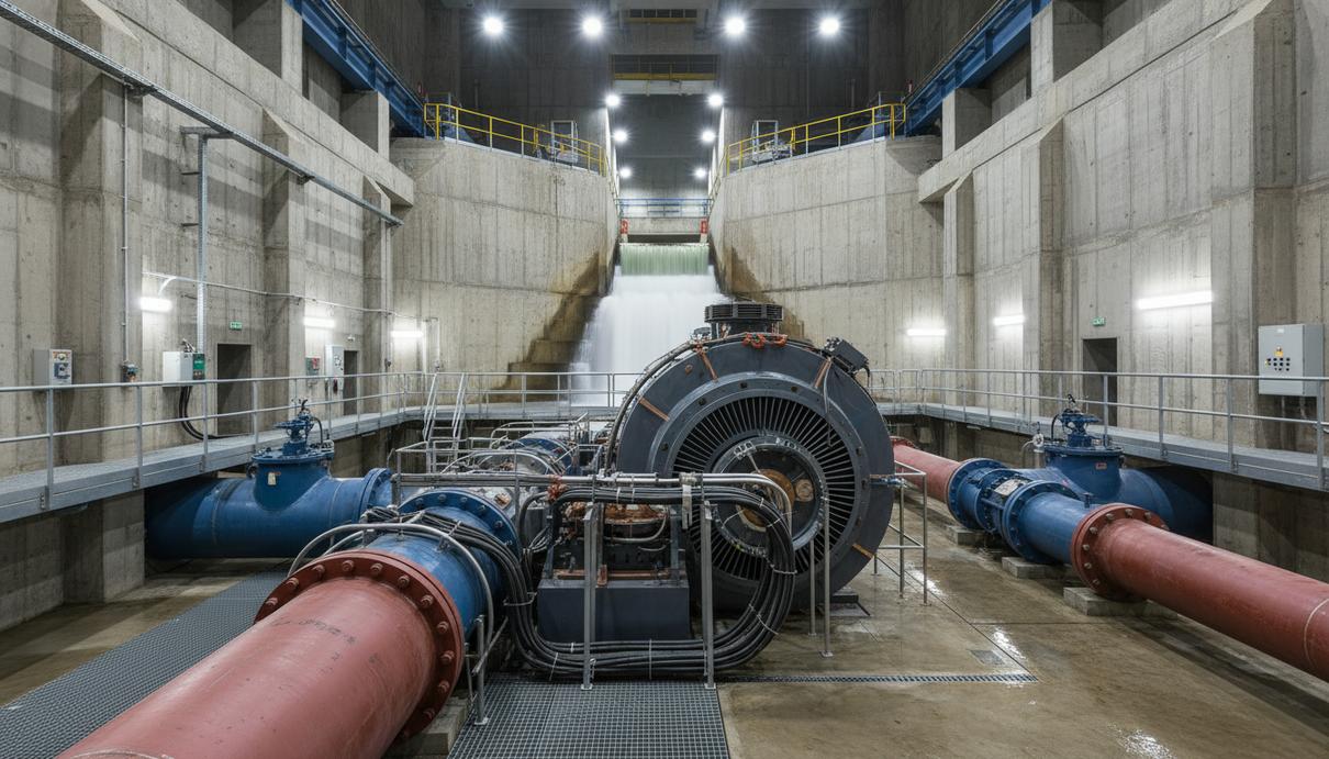 Машинный зал финской гидроэлектростанции с массивными металлическими генераторами, бетонными стенами и трубами.