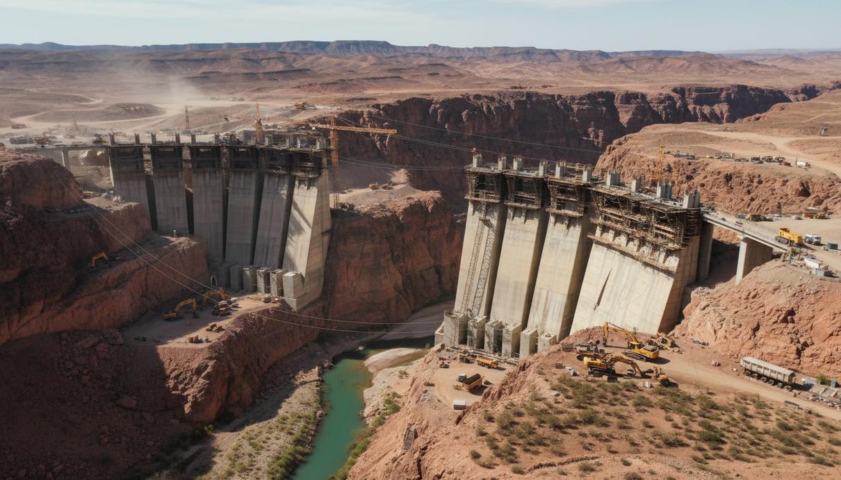 Недостроенная бетонная плотина в гористой пустынной местности со строительной техникой и глубоким котлованом.