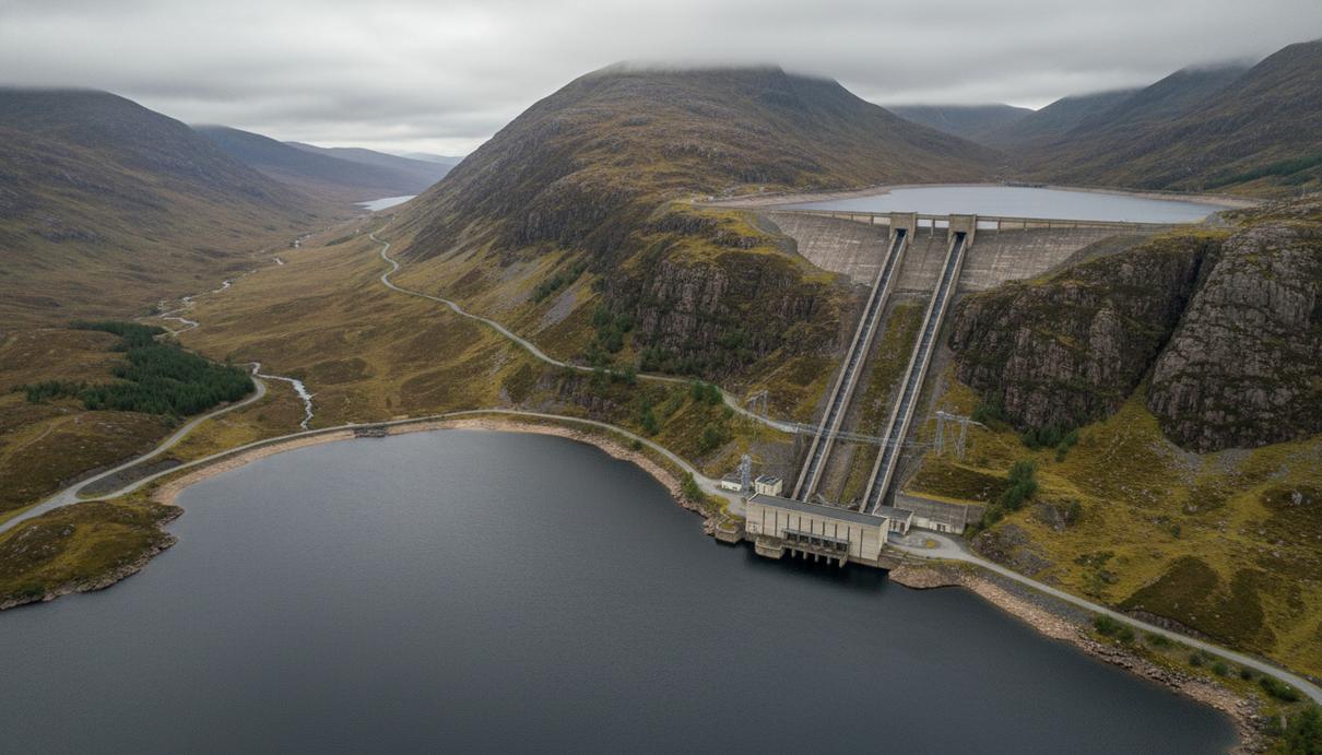 Крупное водохранилище и гидротехнические сооружения электростанции в горной долине на фоне скалистых склонов.