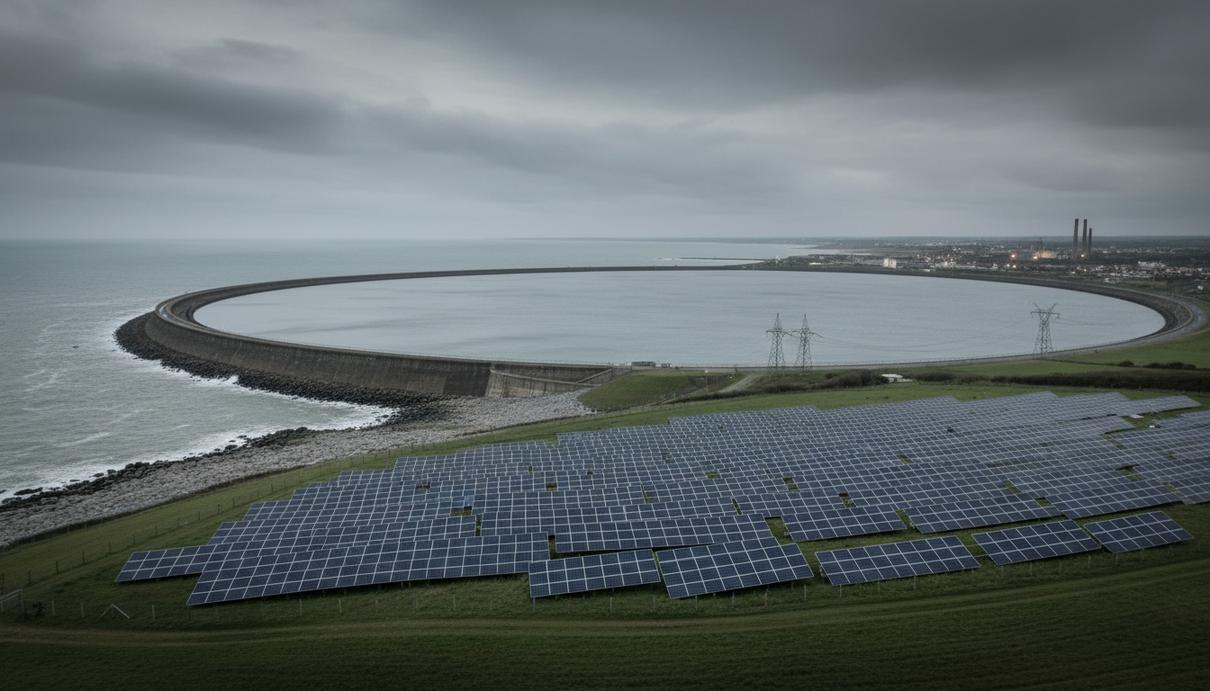Панорама морского залива с дугообразной дамбой приливной электростанции и массивом солнечных панелей на побережье.