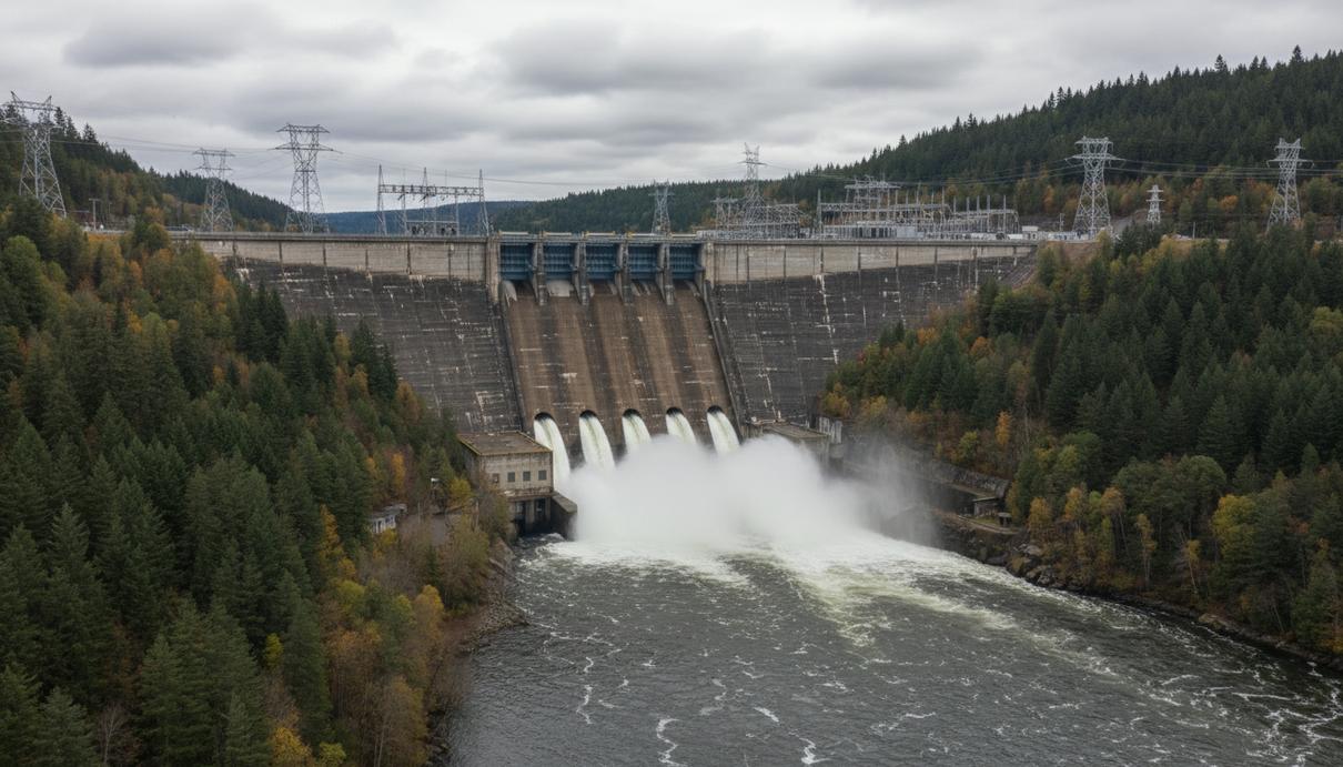 Массивная бетонная плотина гидроэлектростанции на широкой реке, открытые водосбросы, опоры ЛЭП и лесистые берега.