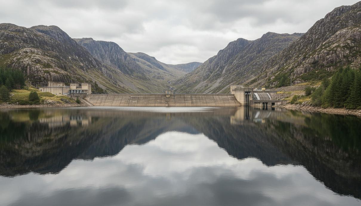 Нижнее водохранилище гидроаккумулирующей станции в Уэльсе. Горный пейзаж, водная гладь и бетонные сооружения плотины.