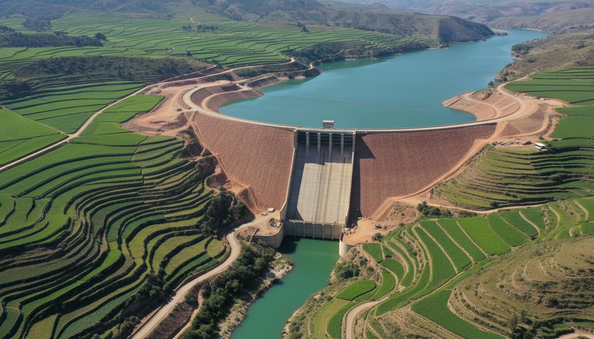 Земляная плотина с водосбросом на реке, окруженная сельскохозяйственными полями и лесомассивами в солнечный день.