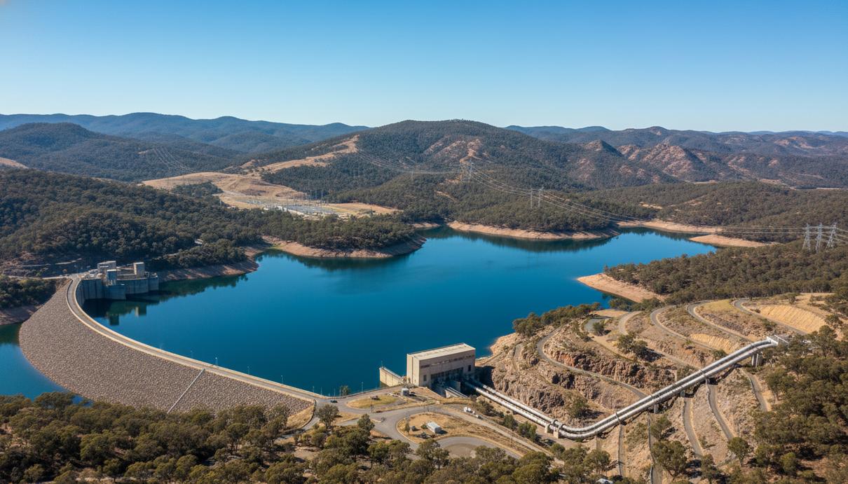 Проект австралийской ГАЭС «Лейк-Лайелл»: начались общественные слушания Вид на масштабное водохранилище и гидротехнические сооружения ГАЭС среди австралийских гор под ясным небом