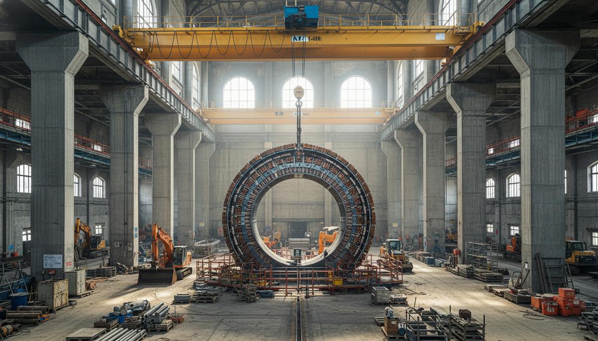 Массивный металлический статор генератора в просторном машинном зале гидроэлектростанции с подъемными кранами.