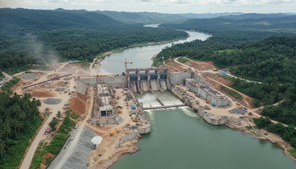 Инвестиции в Меконг: японские компании приобрели доли в проекте ГЭС «Паклай» Строительство русловой гидроэлектростанции на реке Меконг: бетонная плотина, потоки воды и строительная техника.