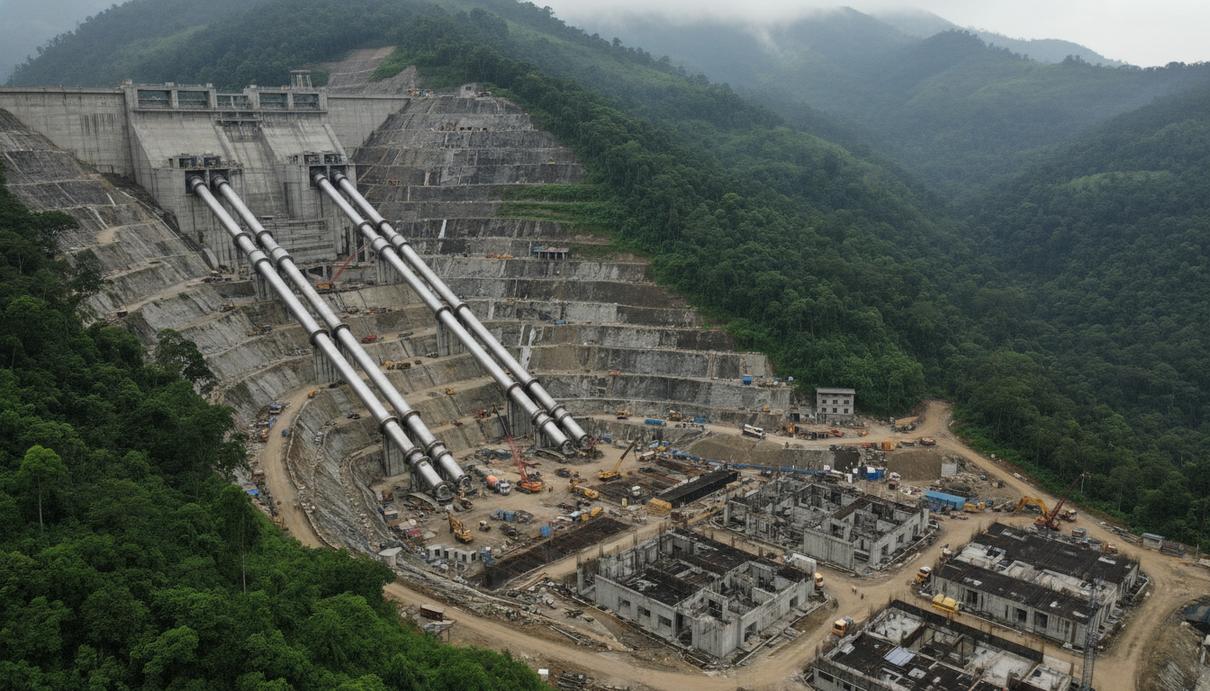 Andritz поставит оборудование для крупнейшей индийской ГАЭС «Сайдонгар-1 Карджат» Строительная площадка гидроаккумулирующей электростанции в горах с бетонной плотиной, стальными трубами и техникой.